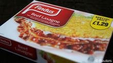 A 320g size box of Findus brand beef lasagne is seen after its purchase from an independent food store in Nunhead, southeast London February 8, 2013. Food manufacturer Findus confirmed on February 7 results of tests carried out by Britain's Food Standards Agency that showed that the company's beef lasagne contained horse meat. Findus, a UK-based frozen food and seafood company which is behind brands including Young's and The Seafood Company, began a recall of its beef lasagne from retailers earlier in the week on advice from its French supplier, Comigel. REUTERS/Chris Helgren (BRITAIN - Tags: AGRICULTURE BUSINESS FOOD SCIENCE TECHNOLOGY)